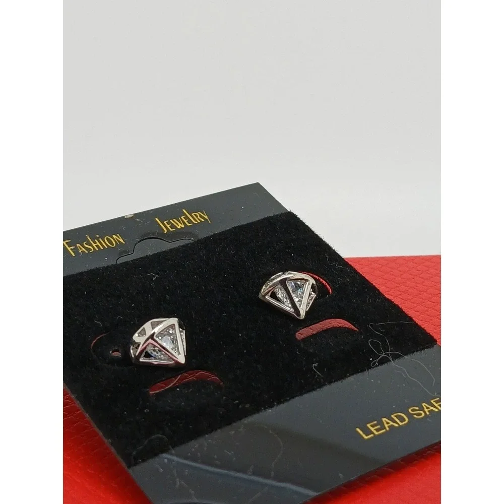 Vintage‎ 90s Silver Tone Geometric Diamond Cage Stud Earrings Clear Stone New